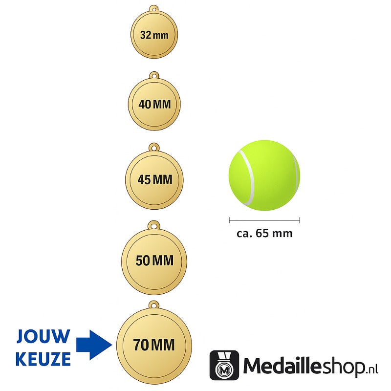 Formaat 70 mm medaille in verhouding tot tennisbal – grootste beschikbare medailleformaat