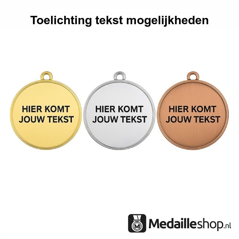 Medailles met gepersonaliseerde tekst in drie kleuren: goud, zilver en brons