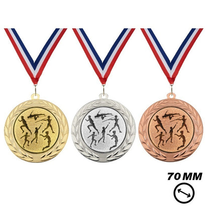 Atletiek Medaille X70-8 70 mm in goud zilver en brons met halslint