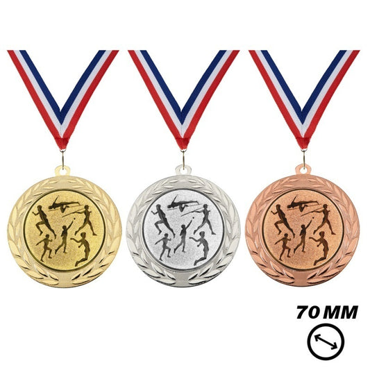Atletiek Medaille X70-8 70 mm in goud zilver en brons met halslint