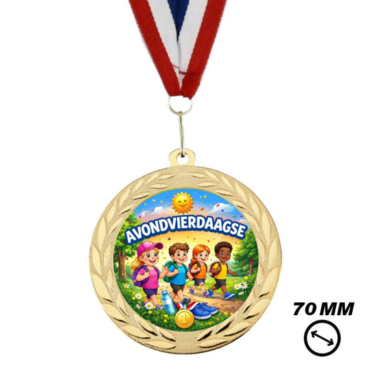 Avondvierdaagse Medaille 70 mm Goud Zilver Brons Met Halslint Wandeltocht