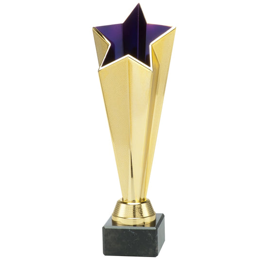 Award Power Star 23,5 cm goud met paarse ster trofee personaliseerbaar met tekst op voet
