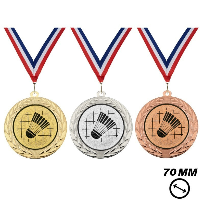 Badminton medaille X70-15 70 mm in goud zilver en brons met shuttle