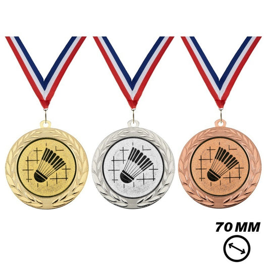 Badminton medaille X70-15 70 mm in goud zilver en brons met shuttle