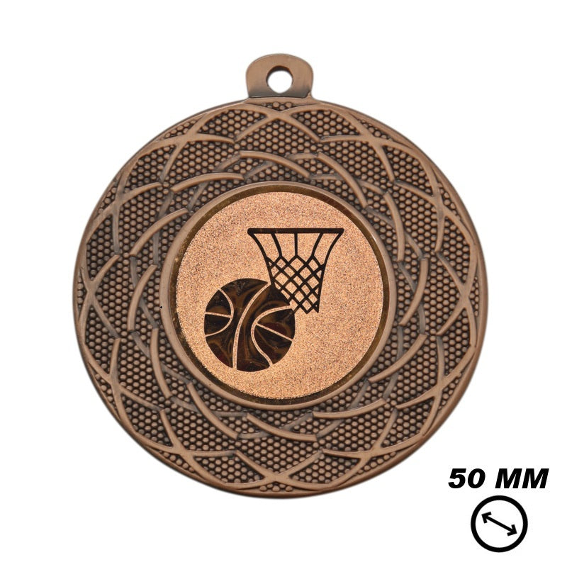 Bronzen basketbal medaille 50 mm met basket en bal afbeelding