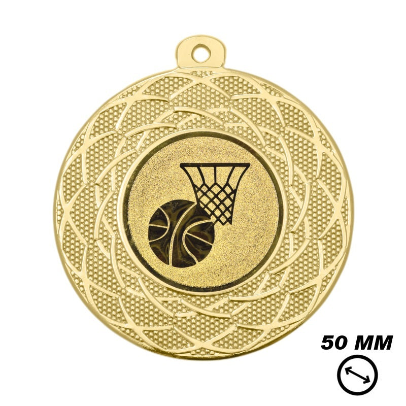Gouden basketbal medaille 50 mm met basket en bal afbeelding