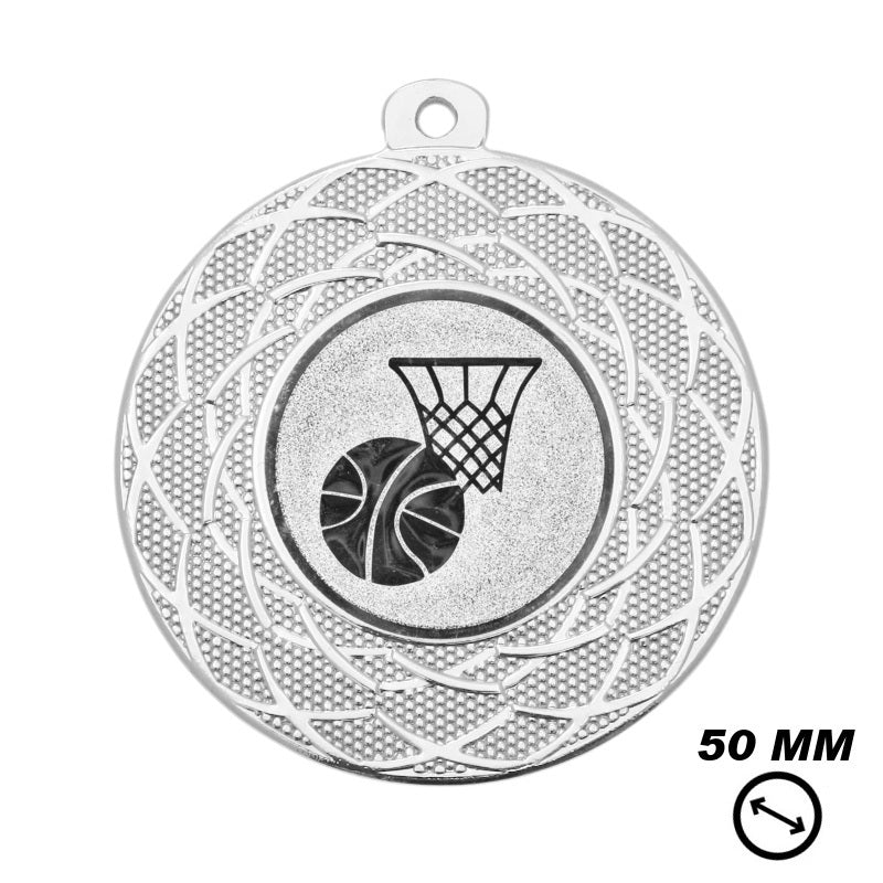 Zilveren basketbal medaille 50 mm met basket en bal afbeelding