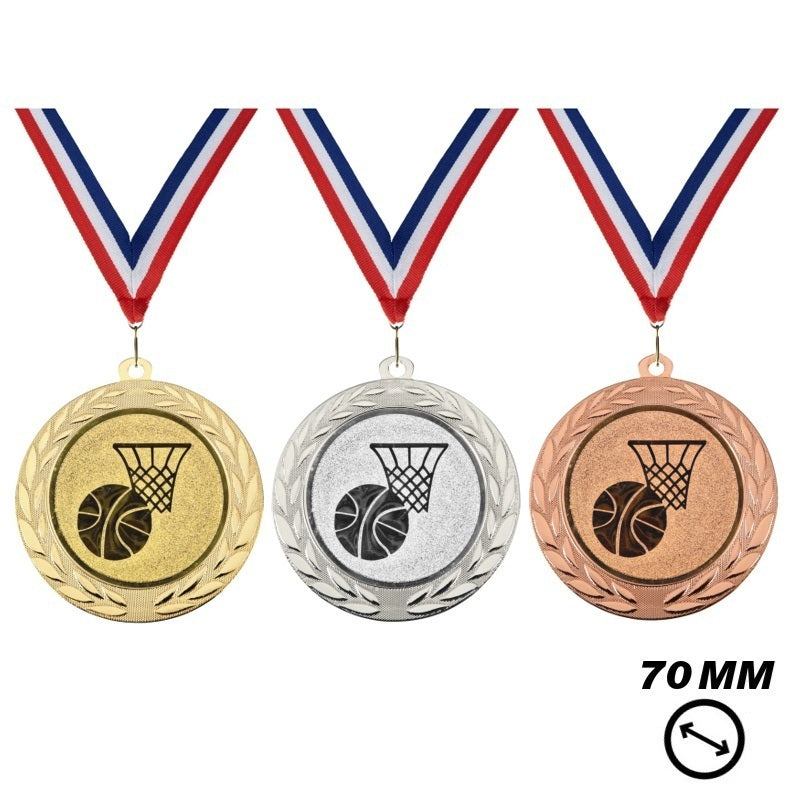 Basketbal medaille X70-14 70 mm in goud zilver en brons met basketbal en basket