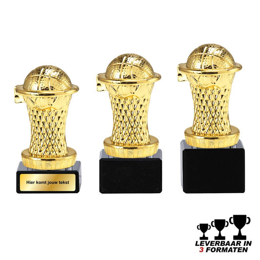 Goudkleurige basketbal trofee met bal en ring op zwarte marmeren voet – verkrijgbaar in 10, 11 en 12 cm – personaliseerbaar met tekstlabel of graveerplaatje