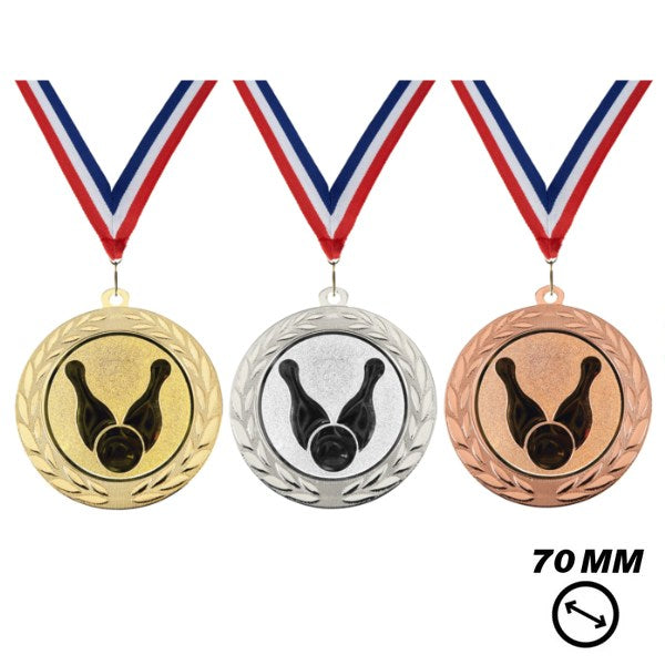 Bowling medaille X70-2 70 mm van metaal in goud, zilver en brons met bowlingbal en kegels