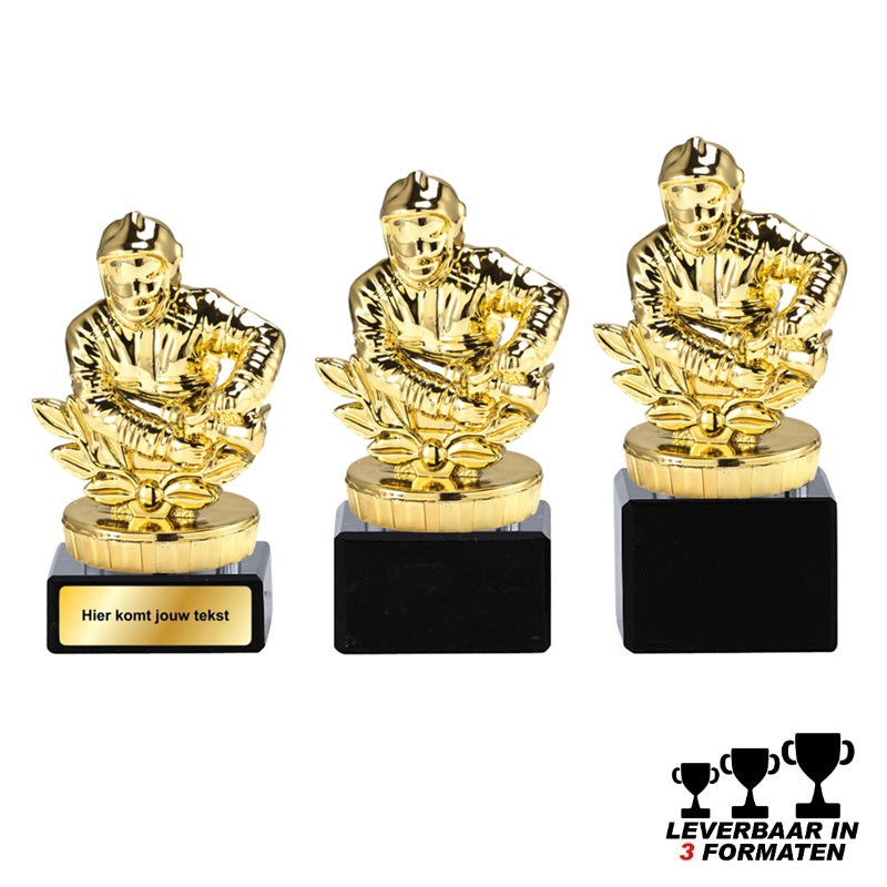 Goudkleurige brandweertrofee met brandweerman en lauwerkrans op zwarte marmer voet – verkrijgbaar in 10, 11 en 12 cm – met optionele personalisatie