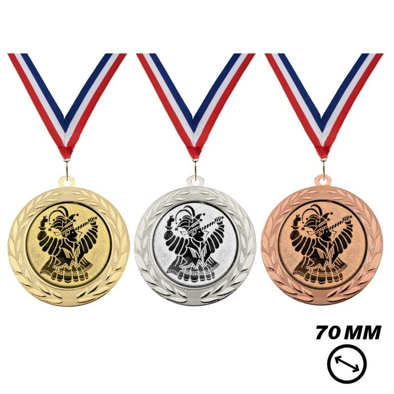 Carnaval medaille X70-7 70 mm in goud zilver en brons met halslint