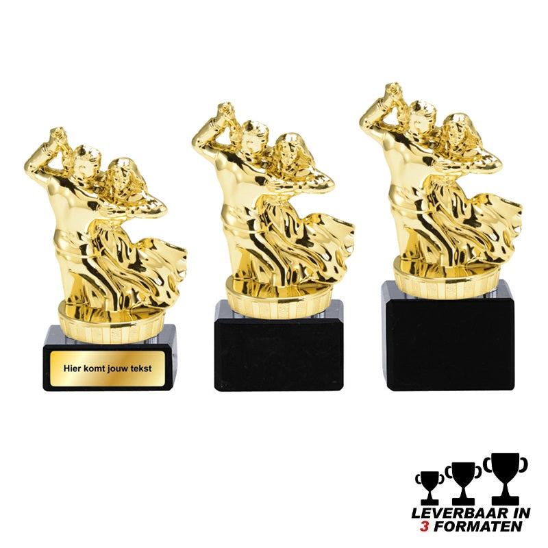 Goudkleurige dans trofee met stijldansend koppel op zwarte marmeren voet – leverbaar in 3 formaten en personaliseerbaar.