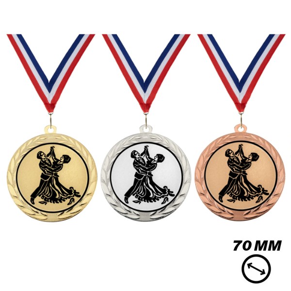 Dansmedaille X70-6 70 mm met danspaar in goud zilver en brons