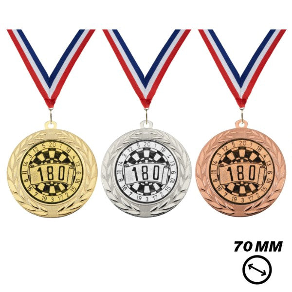 Darts medaille X70-5 70 mm met 180 dartbord in goud zilver en brons