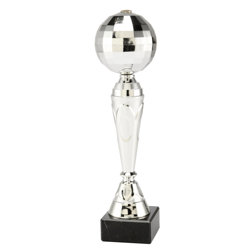 Discobol trofee 26 cm zilveren award met discobal personaliseerbaar met tekst op voet