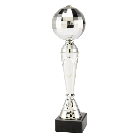 Discobol trofee 26 cm zilveren award met discobal personaliseerbaar met tekst op voet