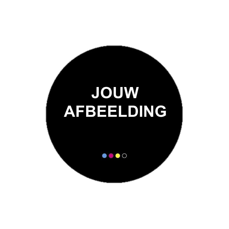 Zwarte cirkel met tekst ‘Jouw Afbeelding’ – voorbeeldweergave van full color logo op medaille of trofee