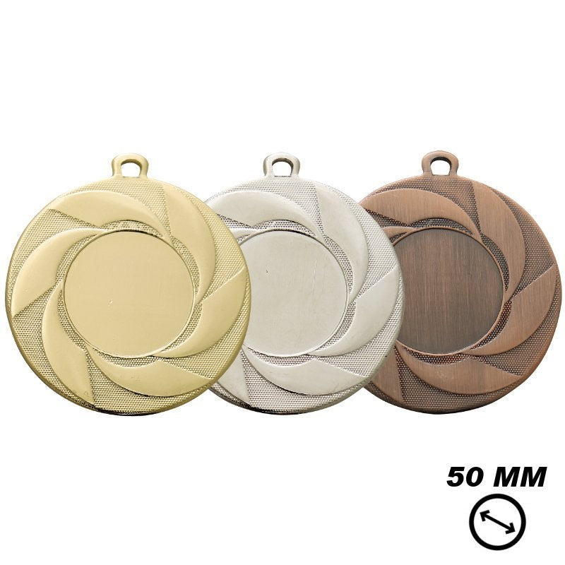 Goedkope medaille Venlo – 50 mm – ijzeren medailles in goud, zilver en brons met draaiend patroon en ruimte voor logo of sportafbeelding