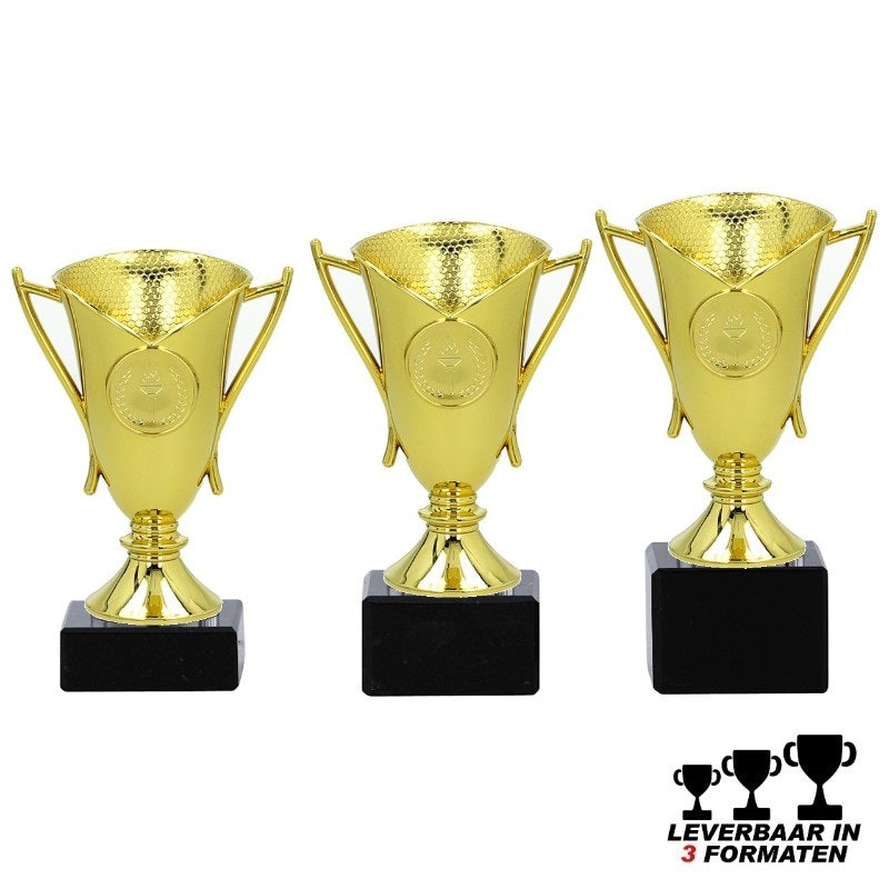Gouden trofee SULON met marmeren voet – verkrijgbaar in 3 formaten en optioneel te personaliseren met tekstlabel of graveerplaatje