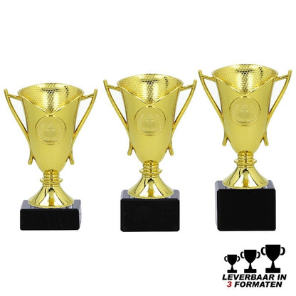 Gouden trofee SULON met marmeren voet – verkrijgbaar in 3 formaten en optioneel te personaliseren met tekstlabel of graveerplaatje