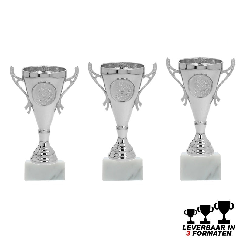 Goedkope zilveren trofee prijzenbeker sportbeker op marmer voet in 3 formaten