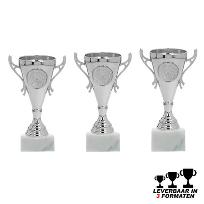 Goedkope zilveren trofee prijzenbeker sportbeker op marmer voet in 3 formaten