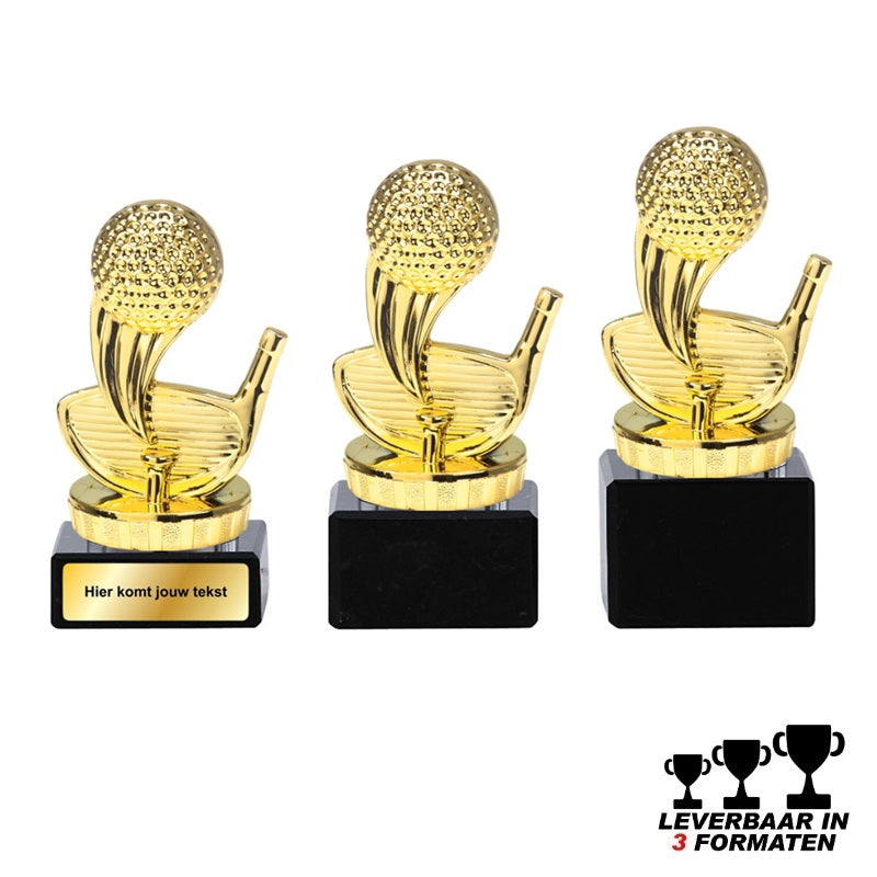Goudkleurige golf trofee met golfbal en club op zwarte marmer voet – leverbaar in 10, 11 en 12 cm – personaliseerbaar met label of graveerplaatje
