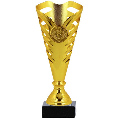 Gouden trofee Delhi MDS012-1 – 18,5 cm hoog – met opengewerkt design en personaliseerbare voet