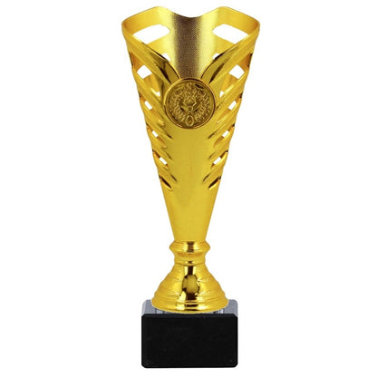 Gouden trofee Delhi MDS012-2 – 19,5 cm hoog – met logo-optie en tekstplaatje
