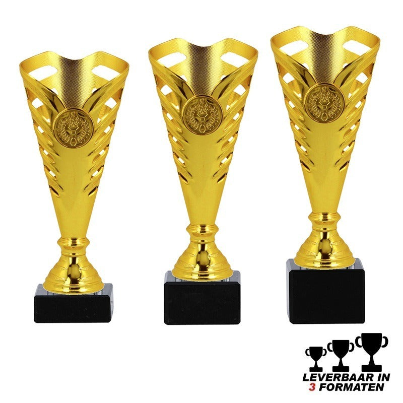 Gouden prijzenbeker Delhi MDS012 met personaliseerbaar voetplaatje en logo optie – verkrijgbaar in 3 formaten