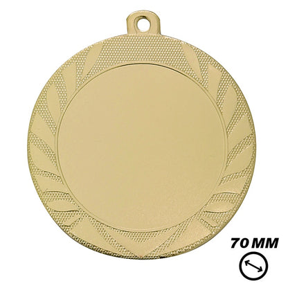 Grote gouden medaille 70 mm zonder lint met optie voor logo en tekst personalisatie