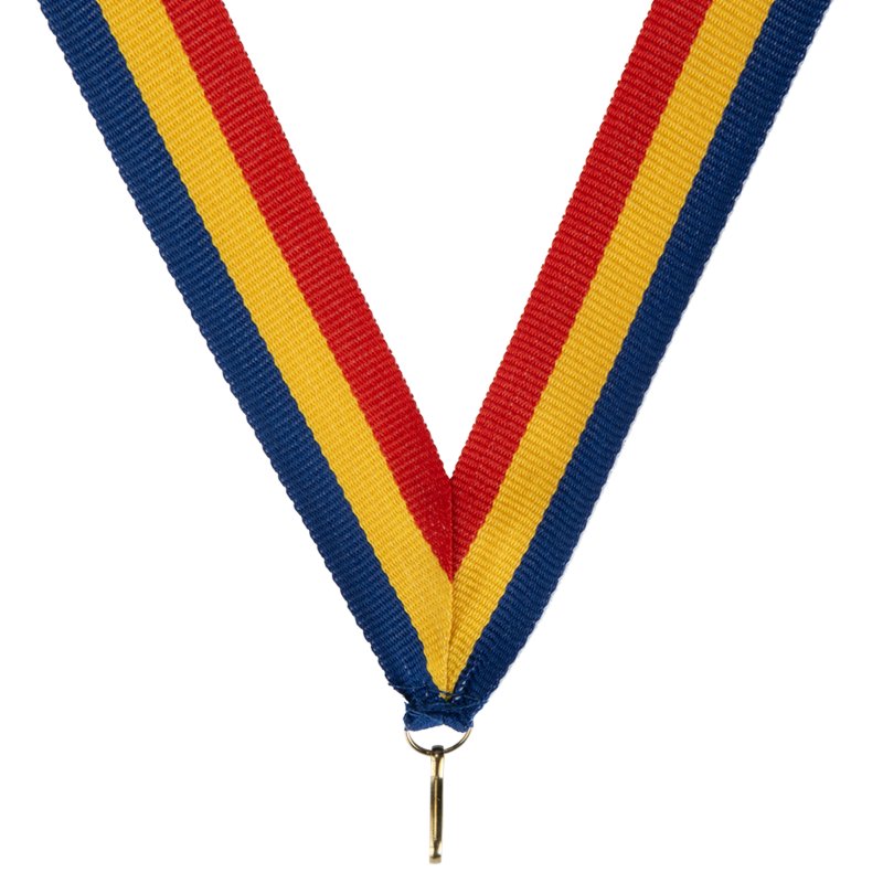 Brede halslint voor medaille in blauw-geel-rood, 22 mm breed met haak