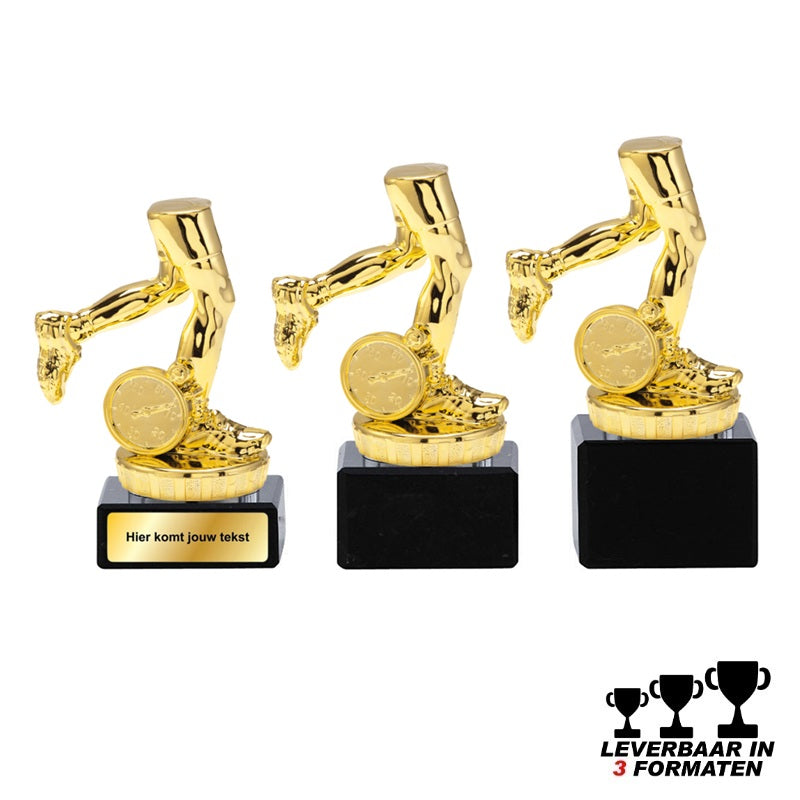 Goudkleurige hardloop trofee met rennende benen en stopwatch op zwarte marmer voet – leverbaar in 10, 11 en 12 cm – personaliseerbaar met label of graveerplaatje