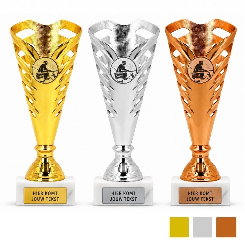 Hengelsport Sportbeker Prime 18,5 cm goud zilver en brons met visser en marmeren voet