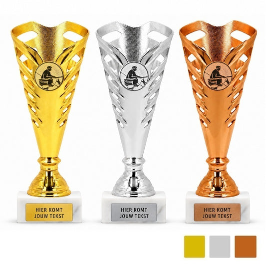 Hengelsport Sportbeker Prime 18,5 cm goud zilver en brons met visser en marmeren voet