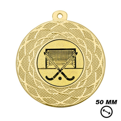 Hockey medaille goud 50 mm met sticks en doel