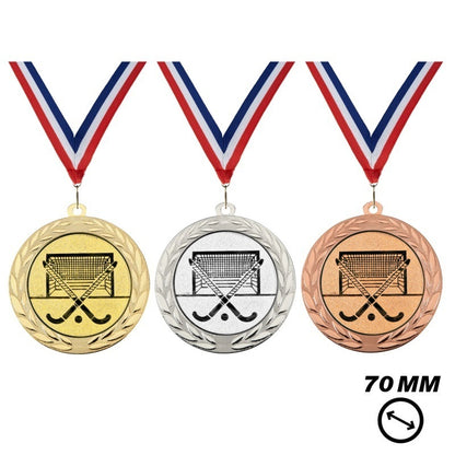 Hockey Medaille X70-10 70 mm in goud zilver en brons met halslint