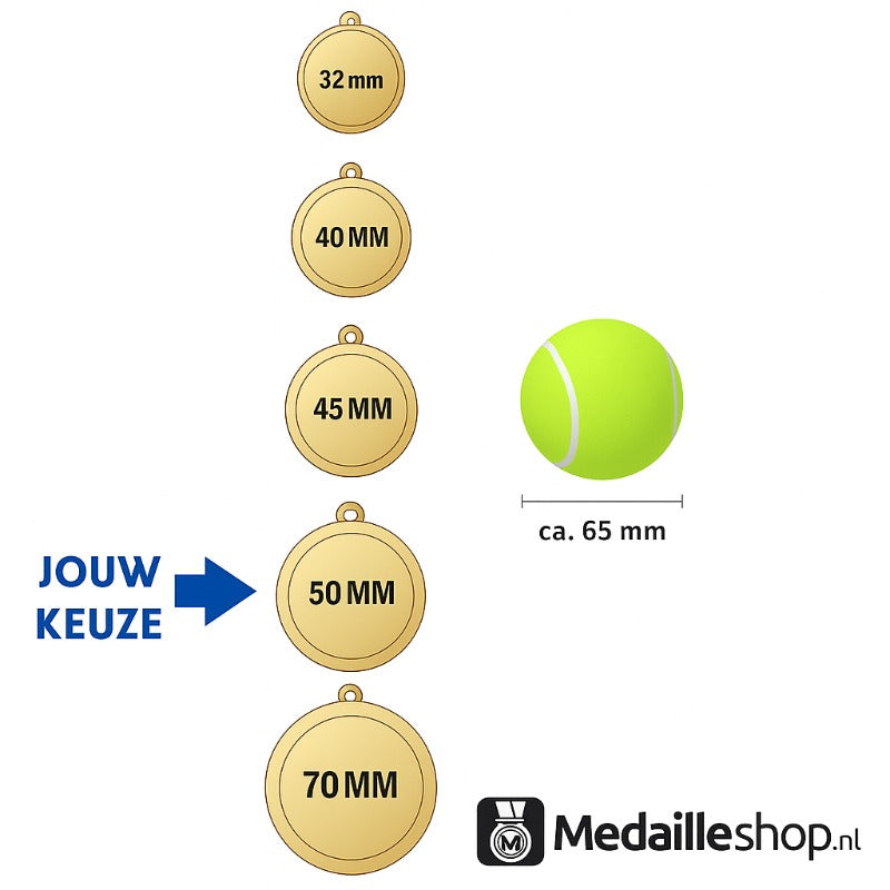 Hoe groot is een 50 mm medaille? Vergelijking met tennisbal als referentie – Medailleshop.nl