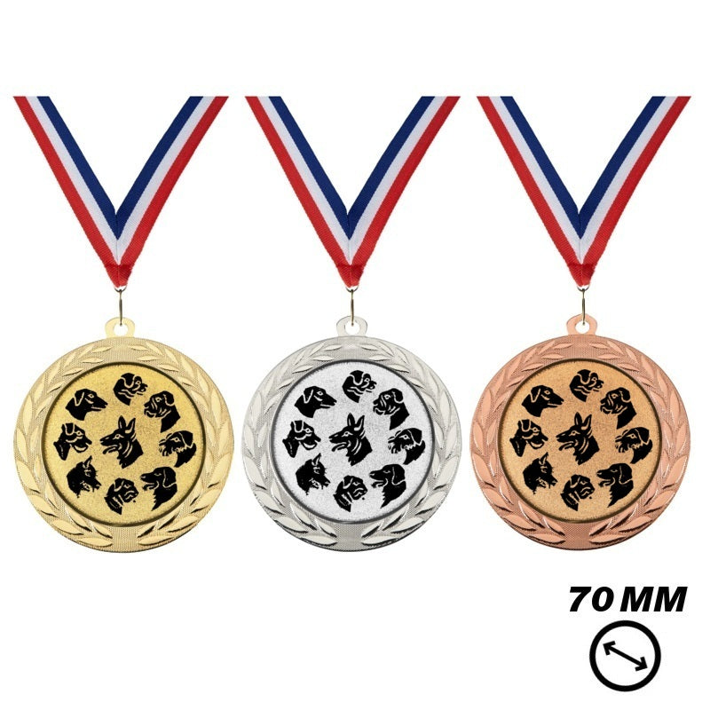 Hondensport medaille X70-17 70 mm in goud zilver en brons met verschillende hondenrassen