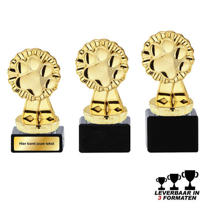 Goudkleurige hondensport trofee met pootafdruk op zwarte marmer voet – leverbaar in 10, 11 en 12 cm – personaliseerbaar met label of graveerplaatje