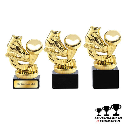 Goudkleurige ijshockey trofee met schaats en puck op zwarte marmer voet – leverbaar in 10, 11 en 12 cm – personaliseerbaar met label of graveerplaatje