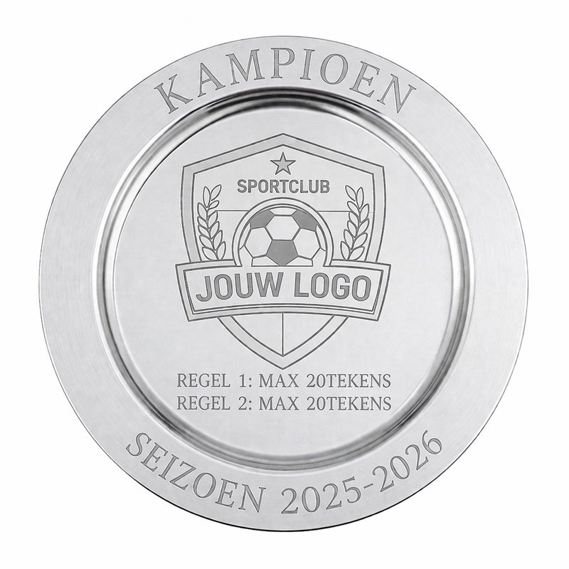 Kampioensschaal 35 cm zilver met voetbal en gravure kampioen voetbalseizoen