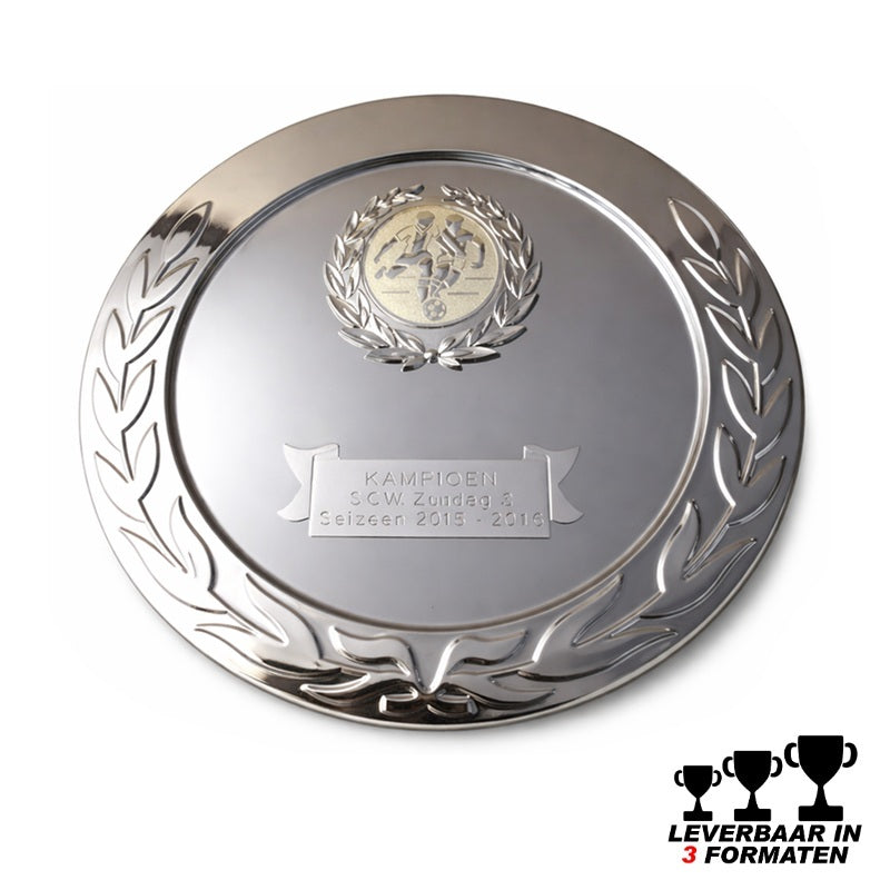 Zilveren kampioensschaal voetbal personaliseerbaar met logo of tekst