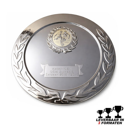 Zilveren kampioensschaal voetbal personaliseerbaar met logo of tekst