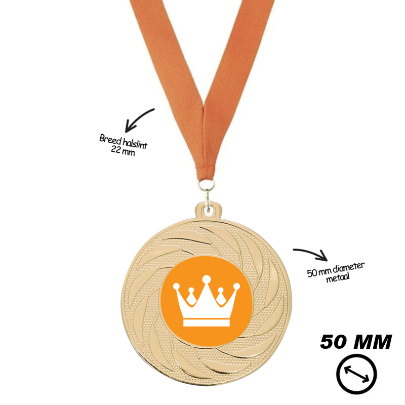 Gouden Koningsdag medaille 50 mm met kroon ontwerp en optioneel halslint en tekst op achterzijde