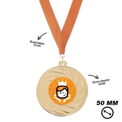 Gouden Koningsdag medaille 50 mm met kind design en optioneel halslint