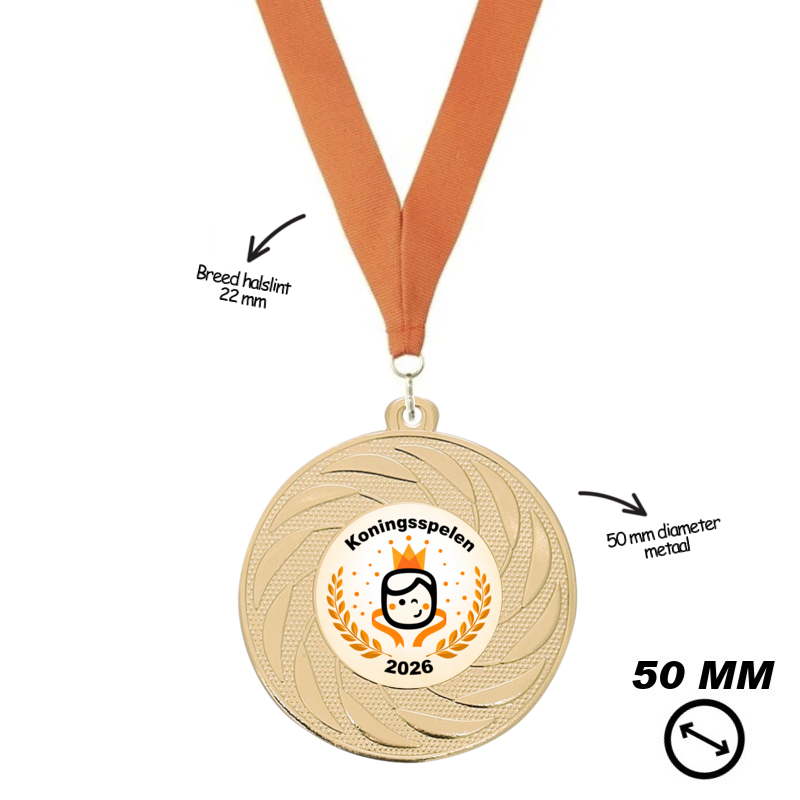 Gouden Koningsspelen medaille 50 mm met optioneel halslint en tekst op achterzijde
