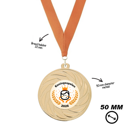 Gouden Koningsspelen medaille 50 mm met optioneel halslint en tekst op achterzijde