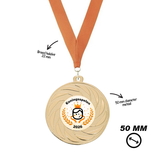 Gouden Koningsspelen medaille 50 mm met optioneel halslint en tekst op achterzijde